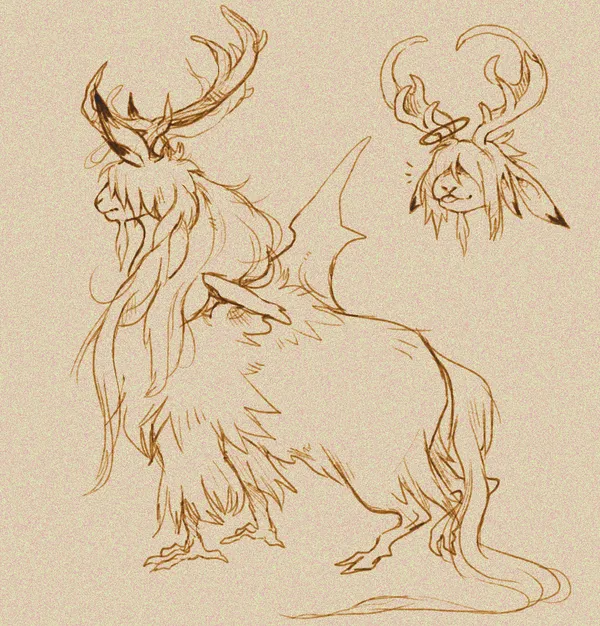 A naturalist style sketch image depicting a large furry Monster with reindeer style antlers, long thin chicken feet, and a whispy, limp tail. The monster has small wings on their shoulders, and has long flowing hair that runs down its body. Its head is adorned with the aforementioned antlers, two large floppy ears, and a halo